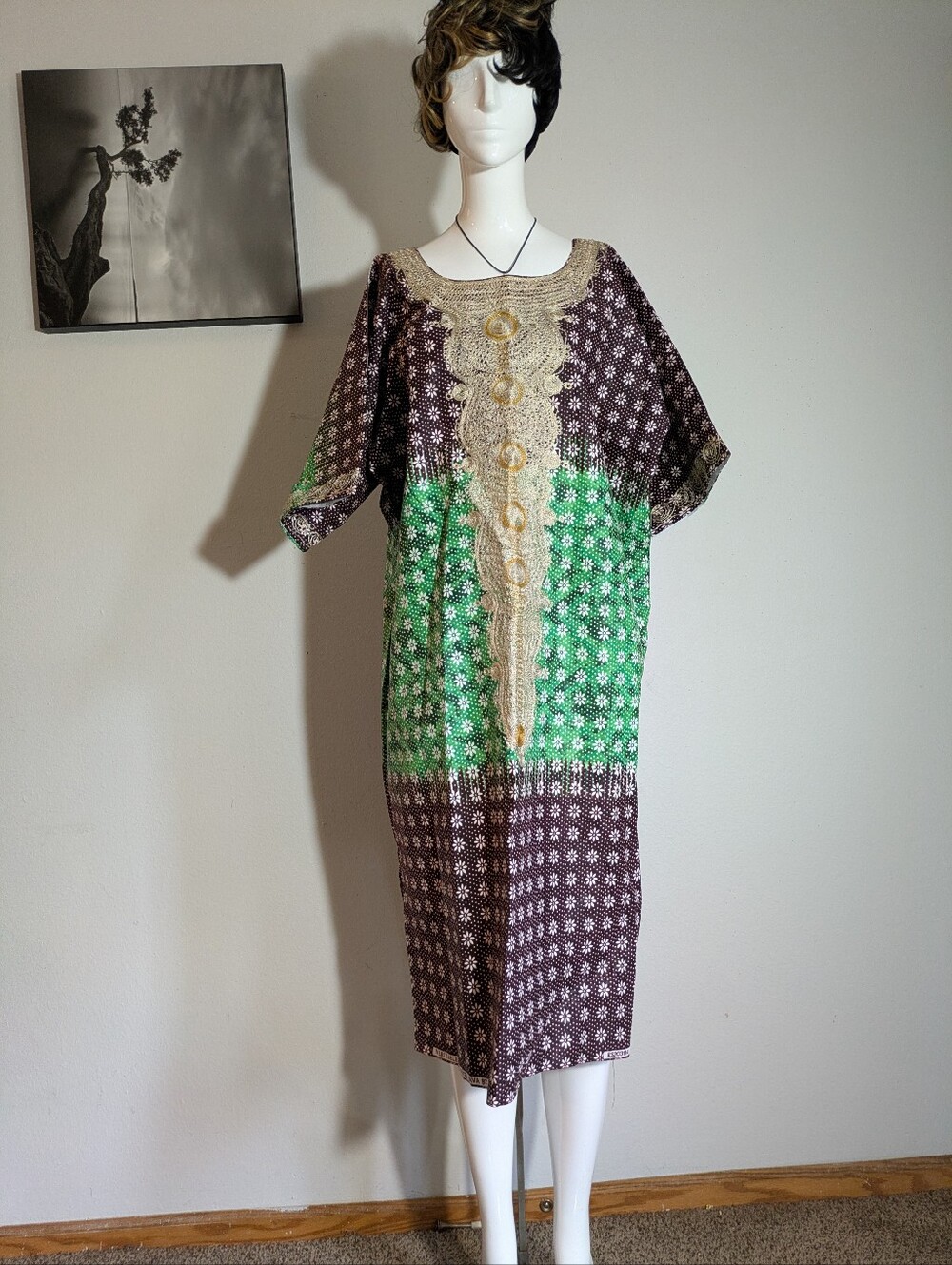 African Ankara Kaftan Maxi Dress Brown Green Gold Embroidered Floral Dashiki